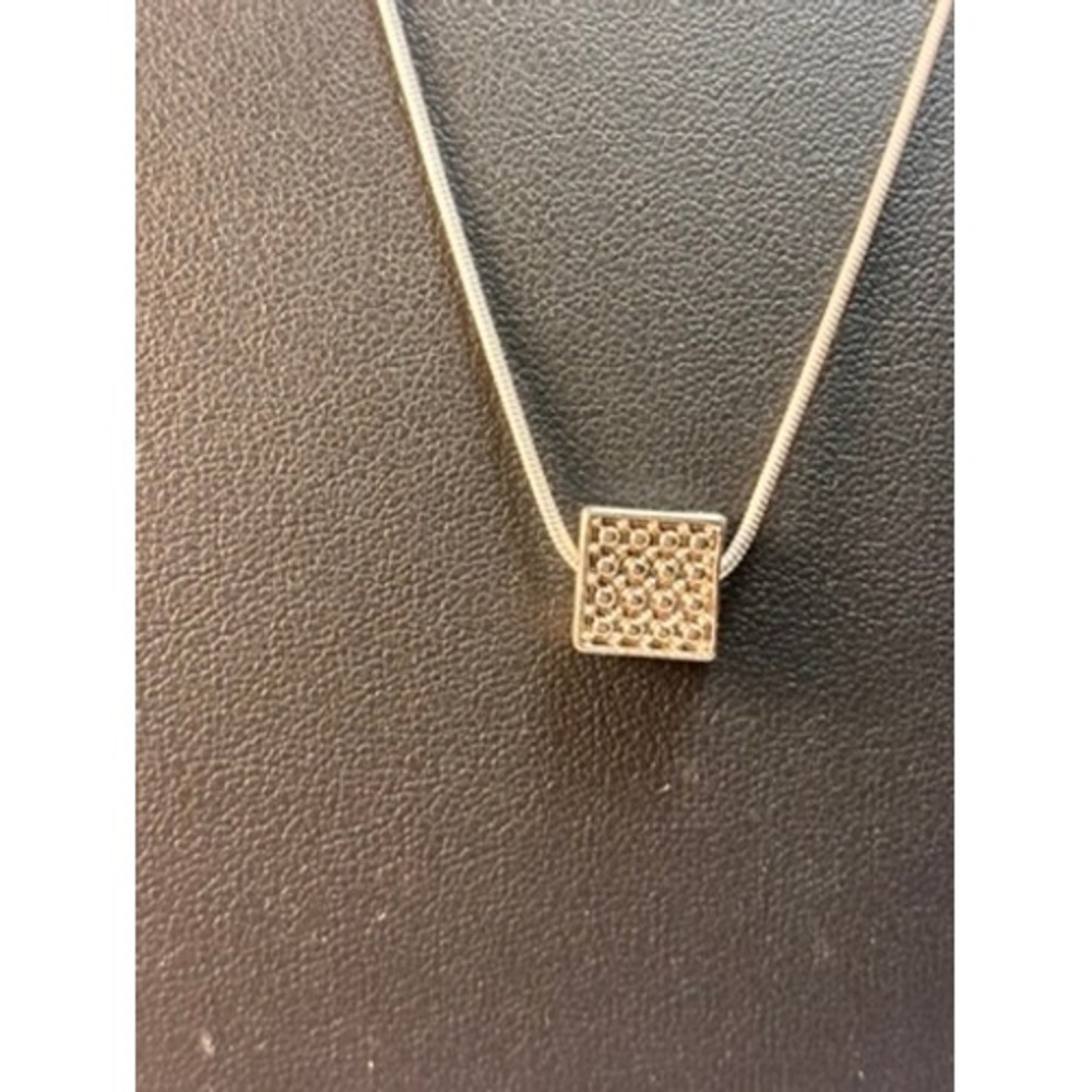 Pendant Necklace Silver Tone Rhinestone Square Slider Snake Chain Minimalist Y2K